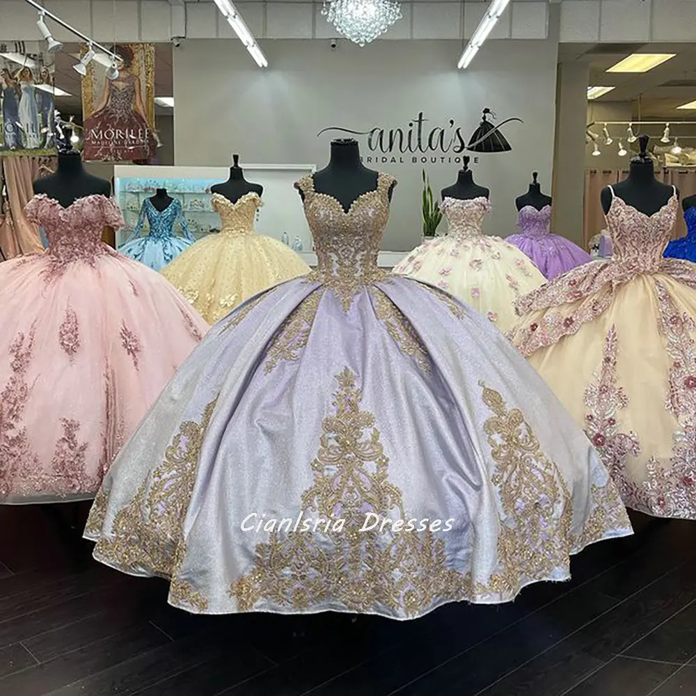 Vestido de baile de Quinceañera de manga larga, amarillo claro, apliques de lentejuelas, sin hombros, flores, fiesta de graduación, para dulce 16