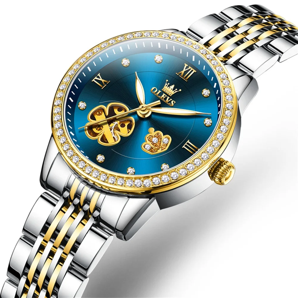 OLEVS Rhinestone Mechanical Automatic Women Watch Top Luxury Brand 33mm Stainless Steel Strap Watch for Ladies Wriswatch