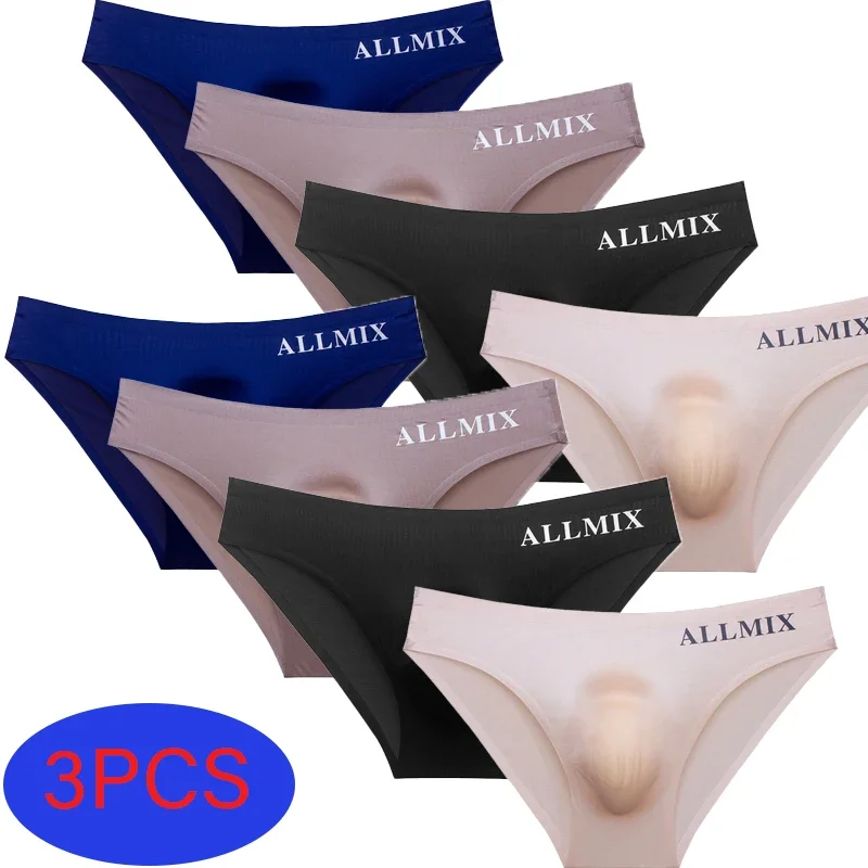 

3 Pcs/Lot Men's Sexy Seamless UnderpantsTransparent Thin Ice Silk Letters Briefs Underwear Cock Pouch Panties