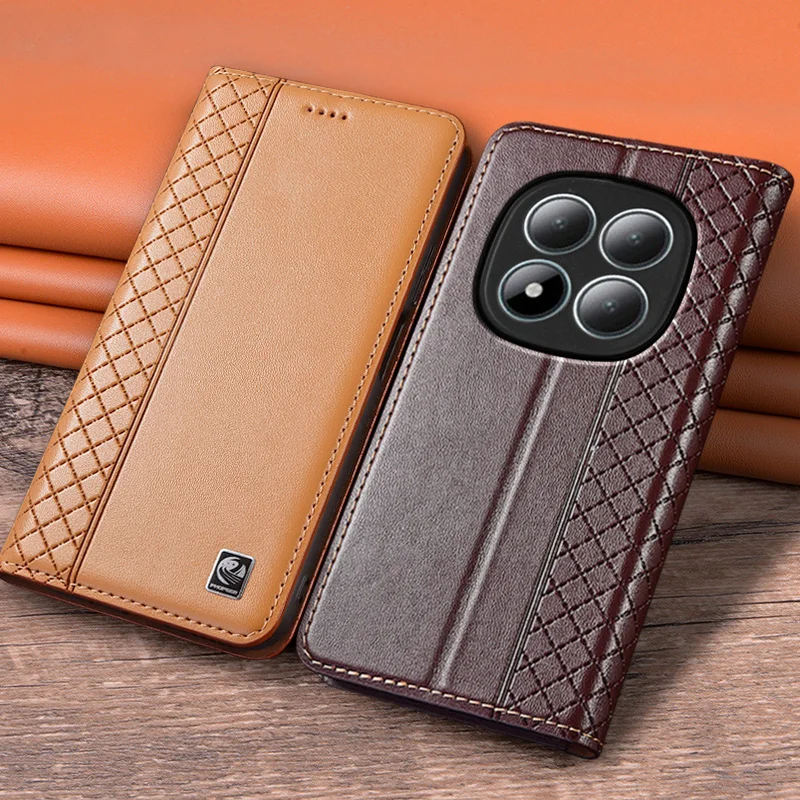 

Flip Case For XIAOMI Redmi Note14 Note 14S 14 Pro+ 5G Genuine Leather Magnetic Cover Luxury Cowhide Grid Pattern Wallet Cases
