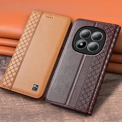 Flip Case For XIAOMI Redmi Note14 Note 14S 14 Pro+ 5G Genuine Leather Magnetic Cover Luxury Cowhide Grid Pattern Wallet Cases