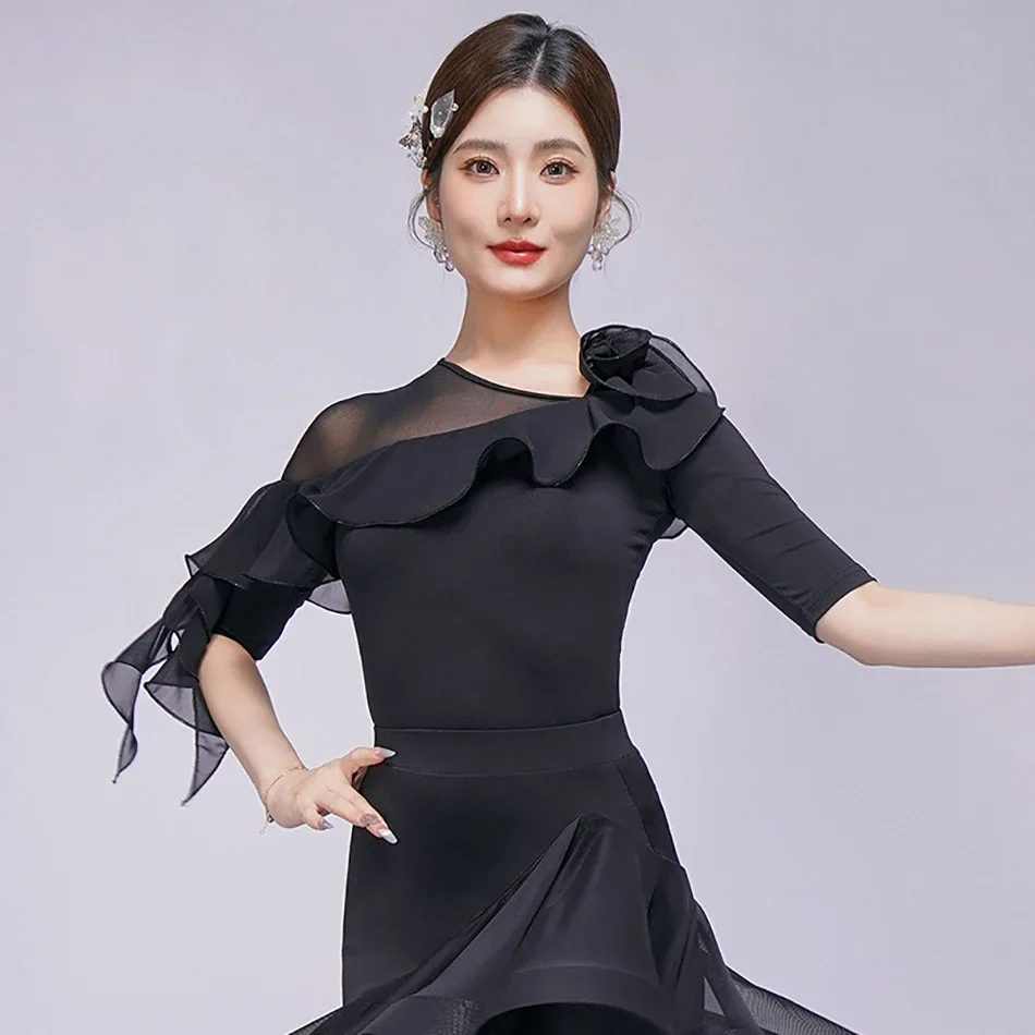 

2025 Female Half Sleeve Latin Dance Bodysuit Professional Stage Performance Tops Adult Women Dancewear Ballroom Costumes F1294