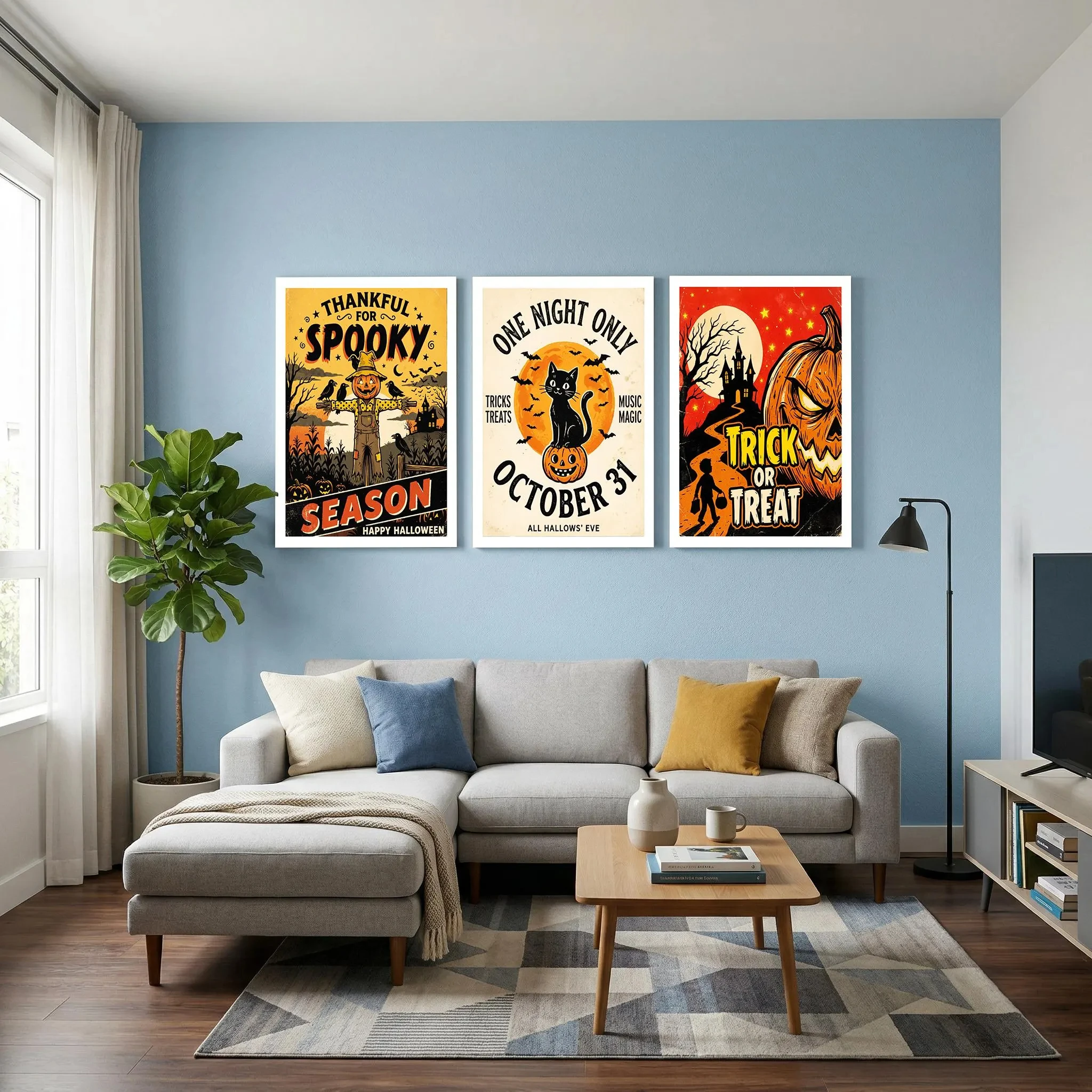 3PCS Frameless,Retro Halloween Canvas Wall Art 3pcs,Vintage Halloween Decor, Black Cat Pumpkin Scarecrow Poster ,Creepy Cute Hol