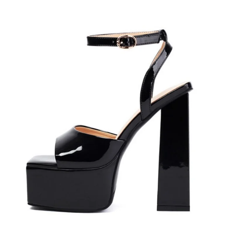 

Летние классические женские сандалии на платформе с открытым носком, уличная обувь из лакированной кожи с квадратным носком, обувь на высоком каблуке, женская обувь на грубом каблуке