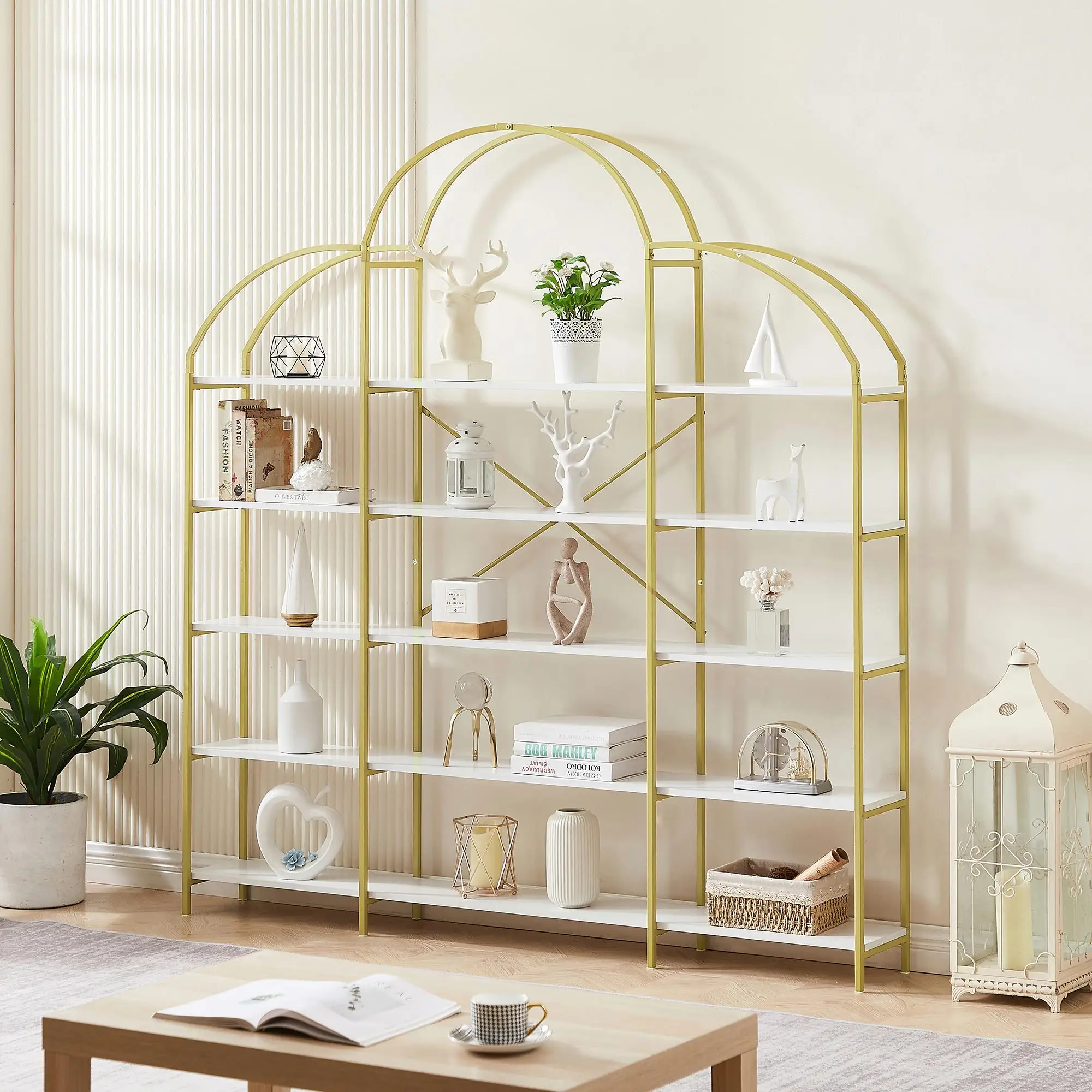 74.8 Inch 5-Tier Modern Office Bookcase, Stylish Round Top Display Shelf with Gold X-Bar Frame