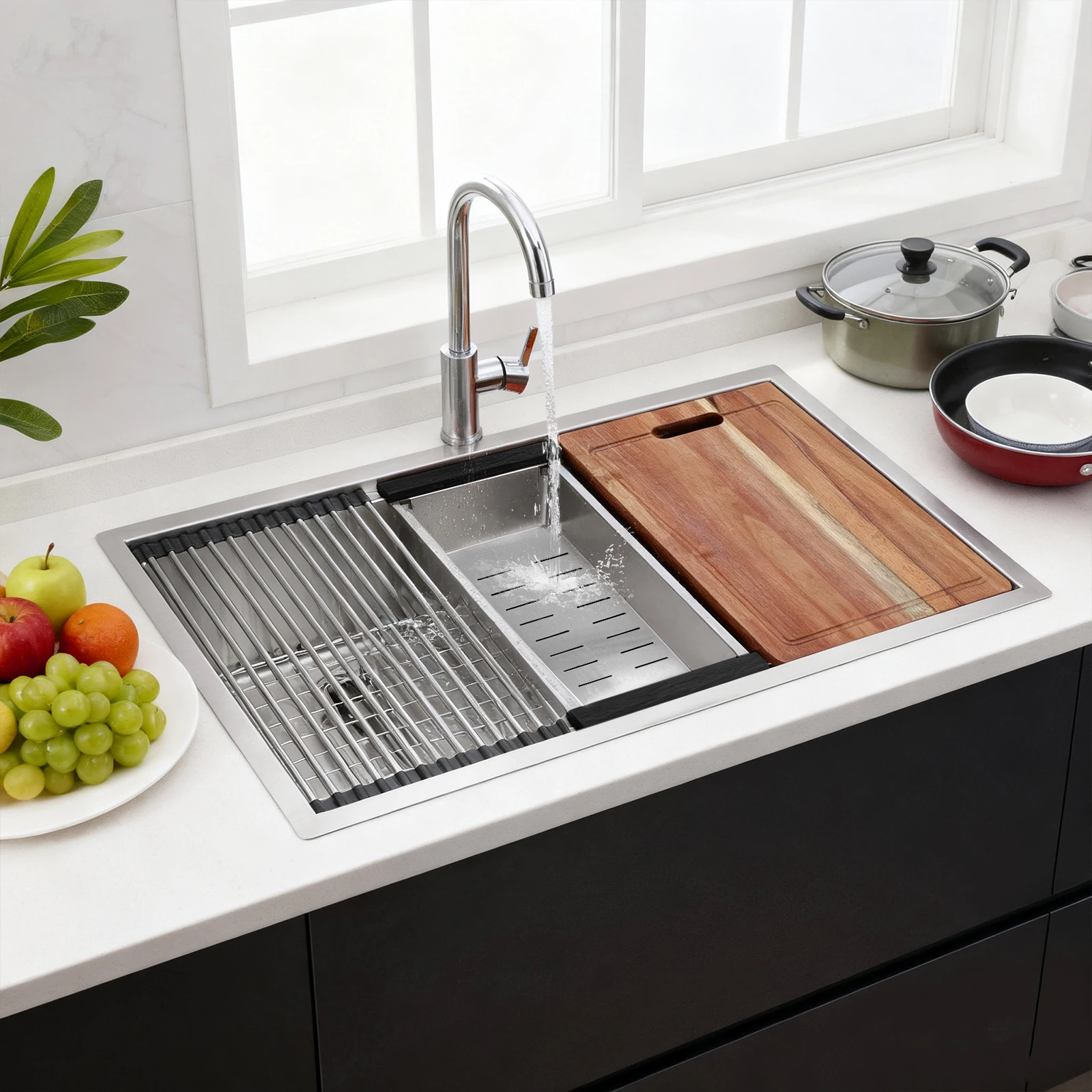 

16 Gauge Kitchen Sinks Basin Handmade 30/33 Inch Built-in Kitchen Sink with Bottom Grid Basket Strainer Multifunction Chef Sink