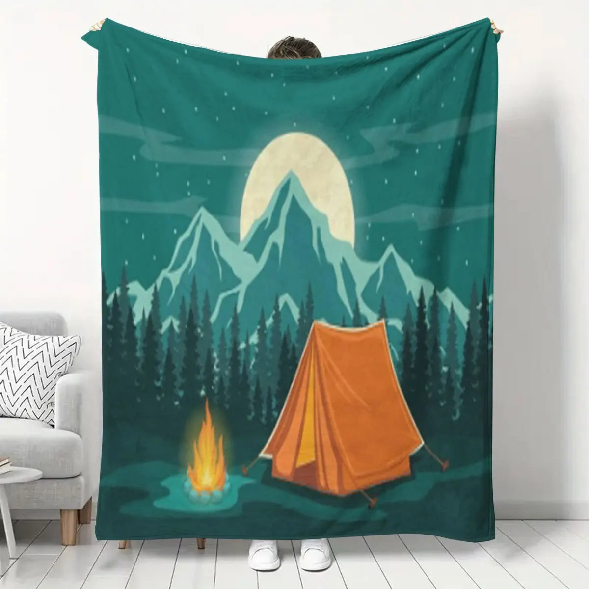 Forest Mountain Moon Campfire Tent Pattern Flannel Blanket Warm Cozy Plush Bed Throw for Couch Travel All‑Season Outdoor