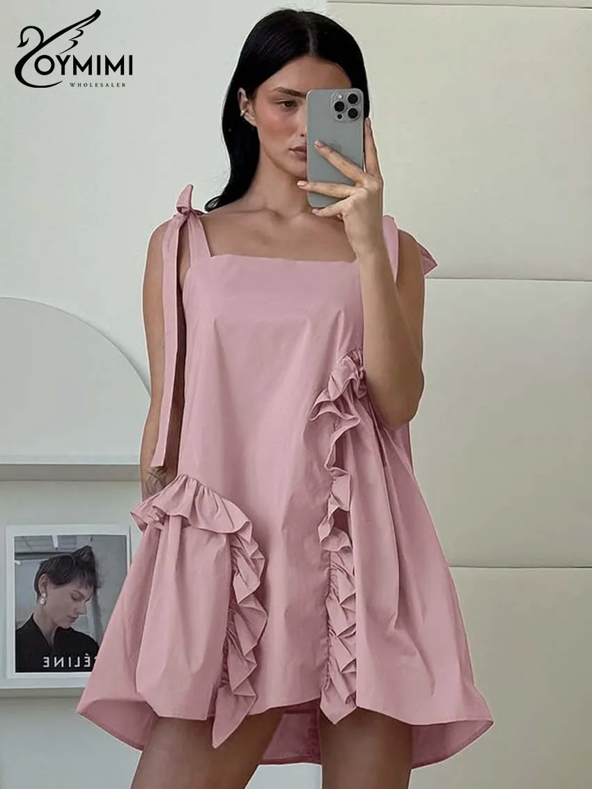 

Oymimi Fashion Pink Cotton Women's Dress Elegant Spaghetti Strap Slash Neck Solid Dresses Summer Asymmetrical Ruffled Mini Dress