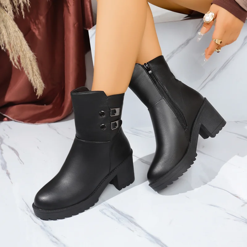 Botines de algodón acolchados para mujer, de cuero genuino, con tacón alto, cómodos, abrigados, con cremallera lateral, botines de moda, calzado para exteriores.