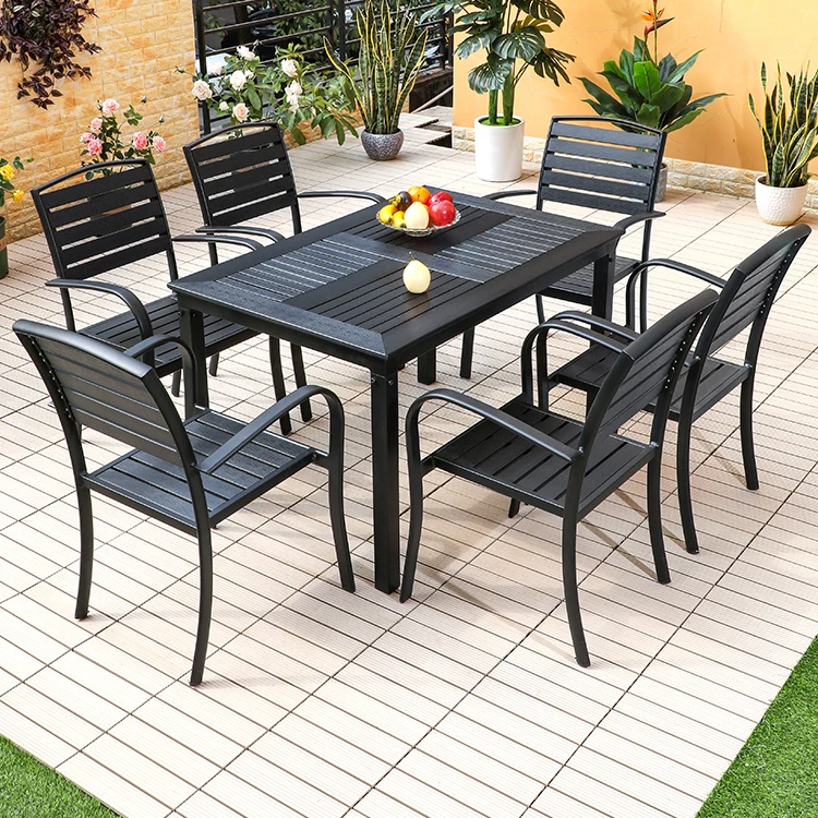 

Factory Wholesale Modern 7pcs Garden Furniture Set Plastic Wood Outdoor Terrace Dinning Table And Chairs
