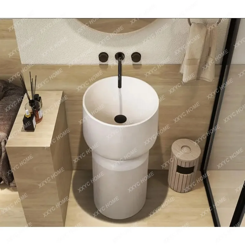 XX  Matte White Modern Sanitary Wares Artificial Stone Bathroom Freestanding Hand Wash Basin Pedestal Sink For Hotel