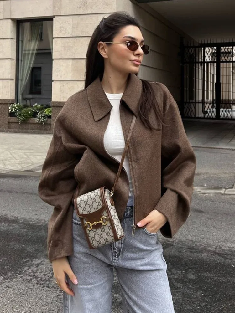 

Vintage Single Breasted Lapel Jackets Women Elegant Long Sleeve Zipper Cropped Coats Fall Winter Blends Casual Outerwear 2024