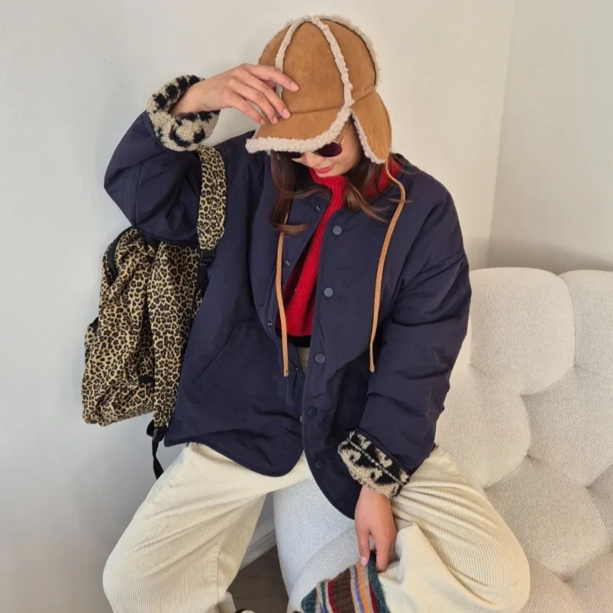 

Women's Double-Sided Wear Retro Faion Small Batch Embroidered Lamb Fur Color Blo Cotton Oversized Cotton Jaet