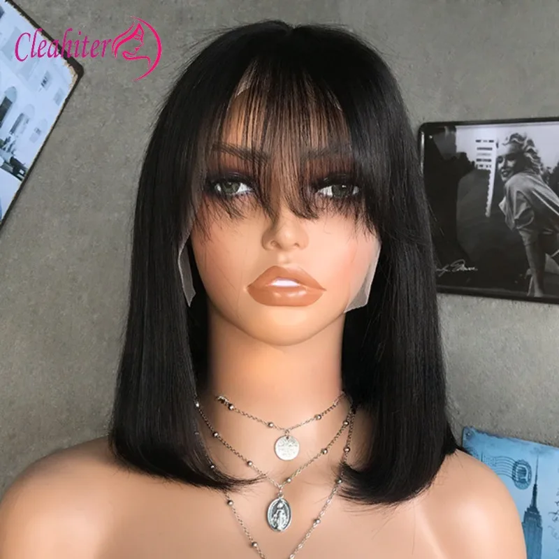 

13x4 Lace Front Human Hair Wigs Wtih Bang Short Style Bob Wig Natural Color PRe-Plucked Hairline Transparent Lace 180% Density