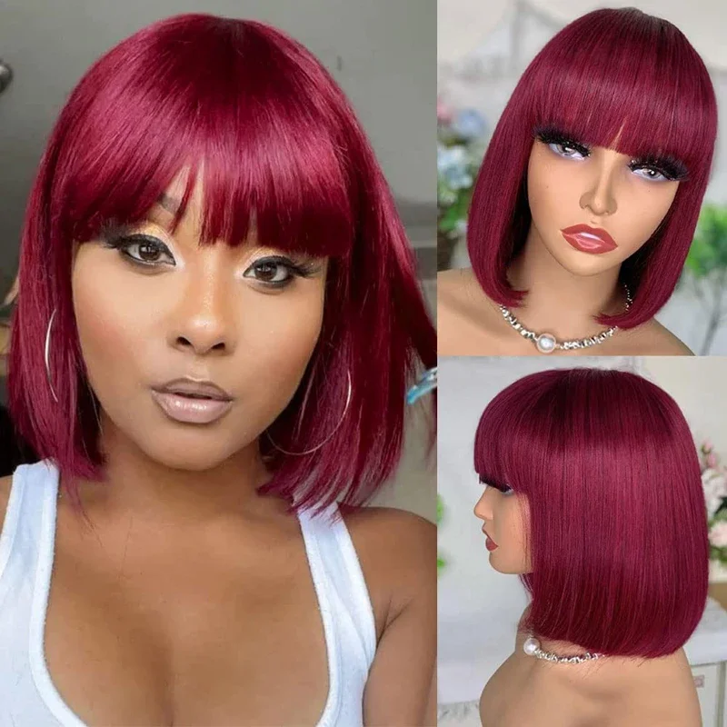 99J Burgundy Red Short Bob Human Hair Wig With Fringe For Women Straight Remy Hair Bob Wigs With Bangs Ginger Orange Color