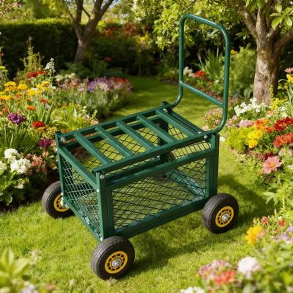 4 In1Factory Direct Multifunction Rolling Garden Work Seat Steel Frame Mesh Removable Side Storage Cart EVA Protection Pads
