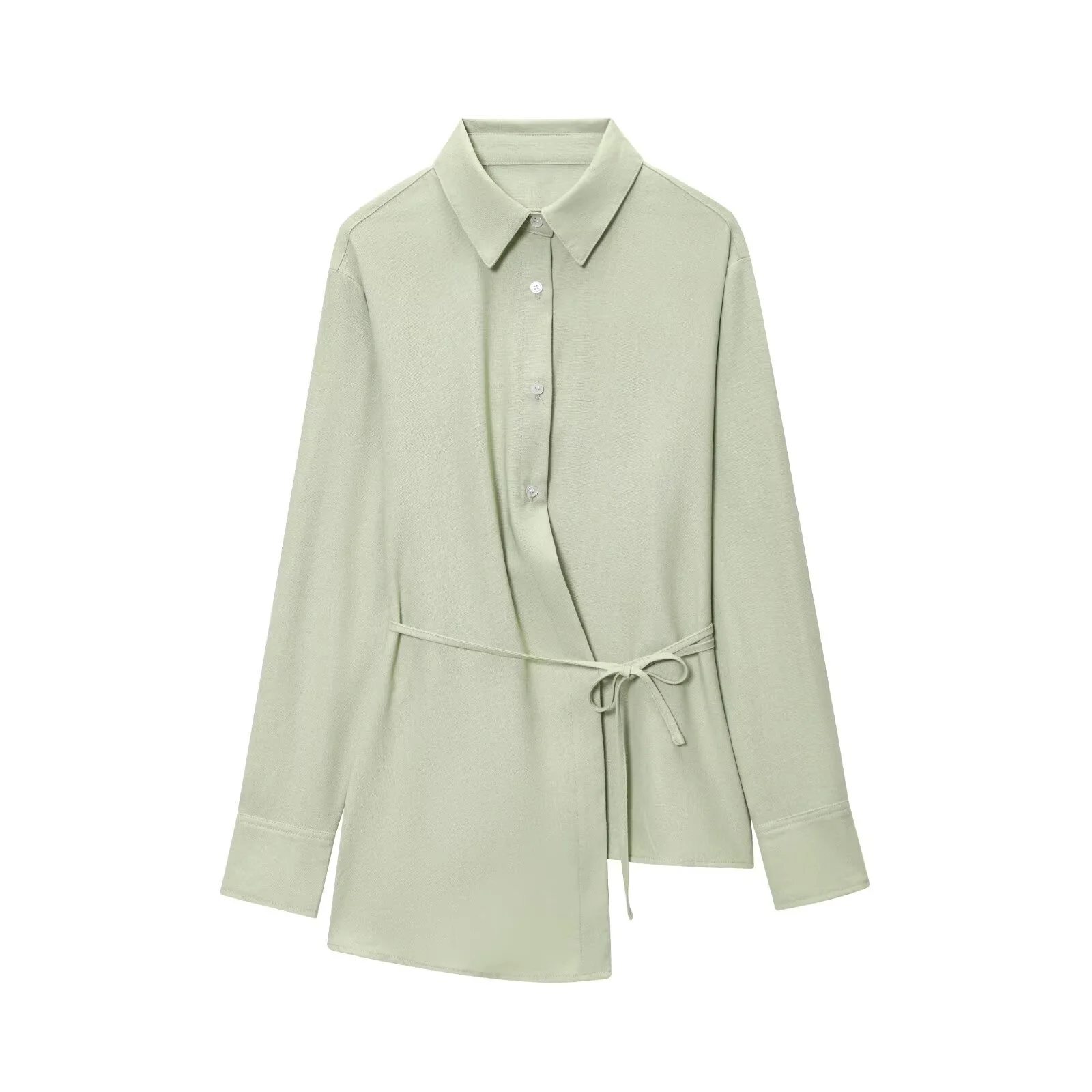 RARA2025 신상 여름 여성 캐주얼 패션 심플 루즈핏 허리 벨트 라펠 긴팔 언밸런스 밑단 셔츠 탑