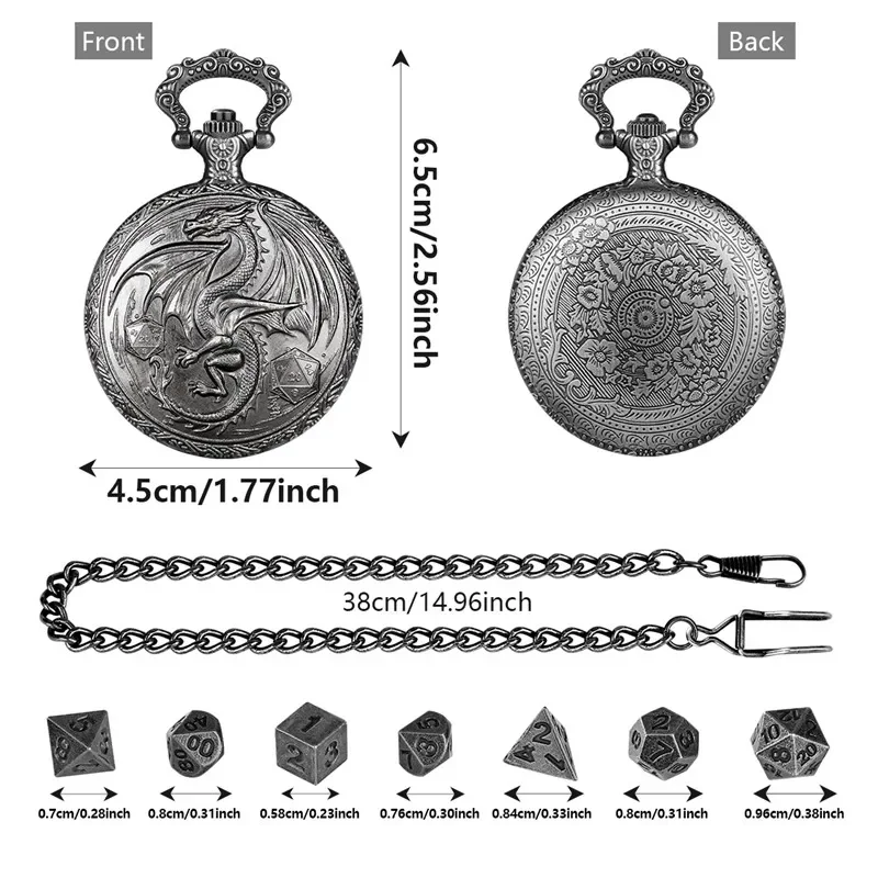 Creative Dragon Wings with D20 Dice Pocket Watch Case Fob Chain with 7 X Mini Size Metal Polyhedral Dice RPG Table Board Game