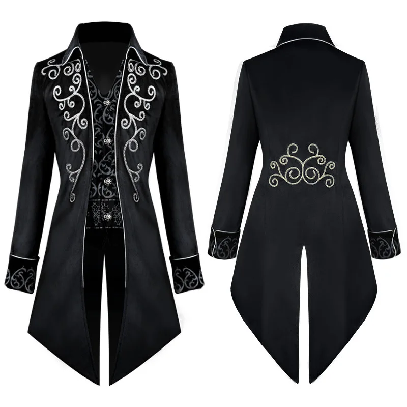 Black Tailcoat Tuxedo Piece Suit with Red Embroidery Gothic Victorian Style Formal Wedding Prom Party Groom Outfit Customized