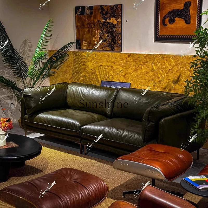 Medieval style oil wax leather straight row double living room small apartment American sofa FT