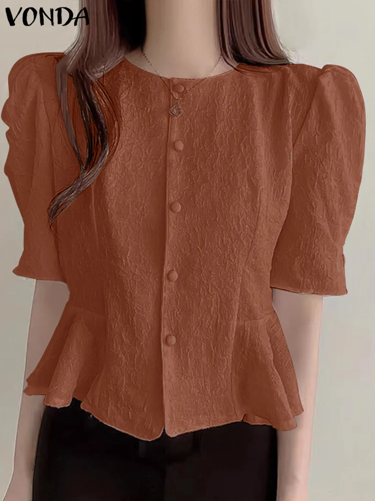 Women Elegant Shirts 2023 VONDA Summer Ruffled Tops Casual Loose Short Puff Sleeve Buttons Blouse Solid Color Blusas Femininas