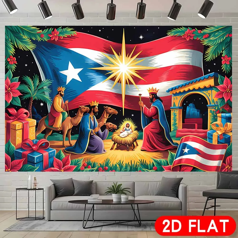 Puerto Rico Flag Nativity Tapestry, Christmas Religious Wall Hanging, Boricua Holiday Art Dorm Decor, Festive Bedroom Blanket