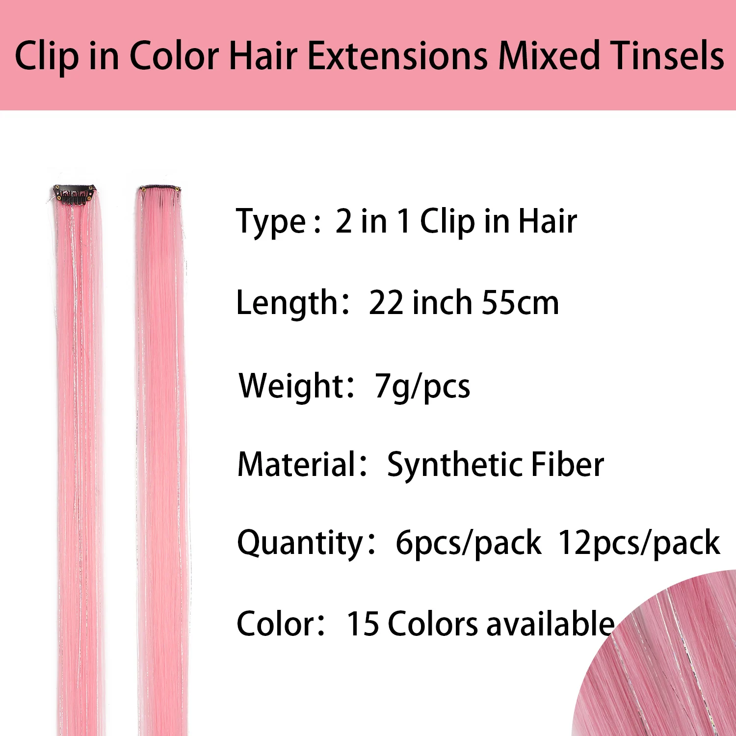 Clip in Pink Hair Extensions Mixed Silver Tinsels Synthetic Rainbow Hairpiece Holiday Party Highlights for Women Girls