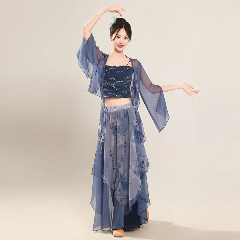 

Classical dance costumes, ancient gauze clothes, sequined suspenders, elegant ink culottes, Chinese dance body practice
