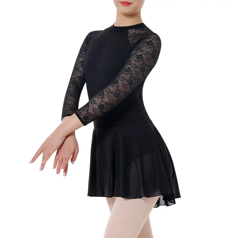 Women\'s Black Ballet Clothes Temperamental Turtleneck Dance Leotard With Druable Skirt Adult Lace Long Sleeve Ballet Dress