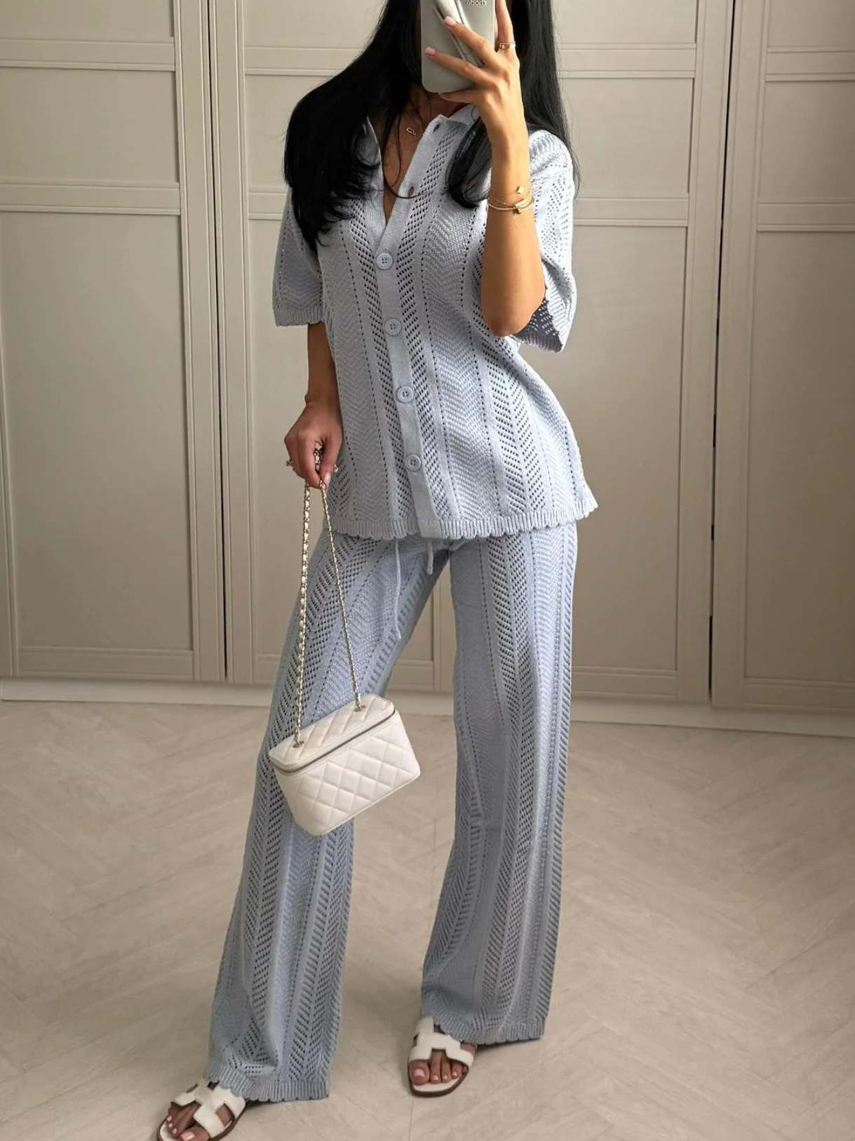 

Women's retro cardigan new summer short-sleeved knitted hollow POLO cardigan top straight trousers suit casual fashion all-match