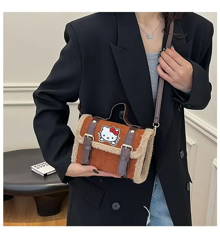 2025 New Fashionable Korean Handheld Small Square Bag with Suede Velvet Splicing Shoulder Bag, Cute Cartoon Ins Crossbody Bag