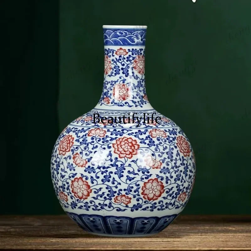 D80 Jingdezhen ceramic vase Chinese decorative ornament countertop blue and white celestial ball vase office underglaze red