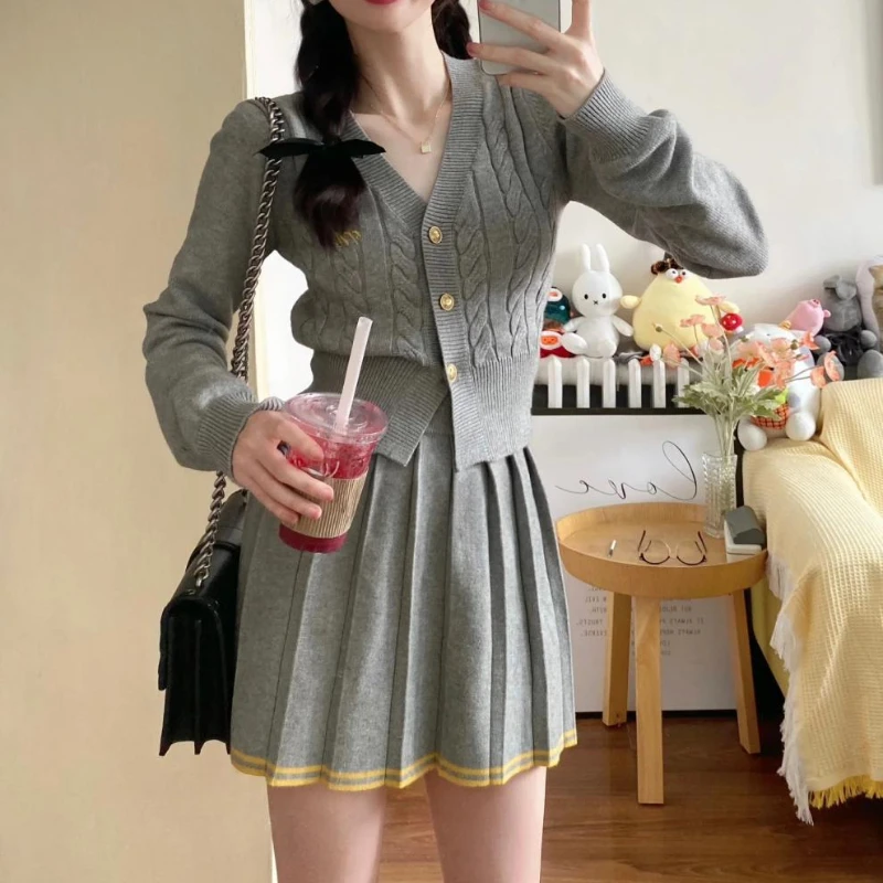 Spring Korean College Style 2 Pieces Women Knitted Sets Long-sleeved V-neck Single-breasted Sweater Tops Mini Pleated Skirt Suit