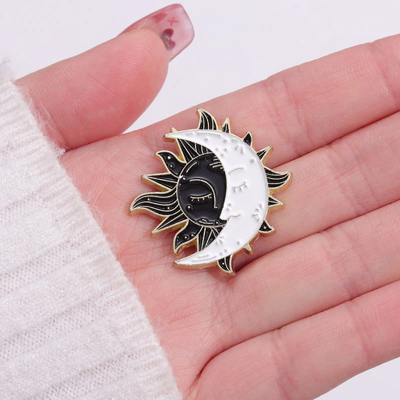 Sun Moon Embrace Enamel Pins Accompanied Falling Asleep Brooches Decorate Shirt Clothes Jewelry Black White Yin Yang Lapel Badge