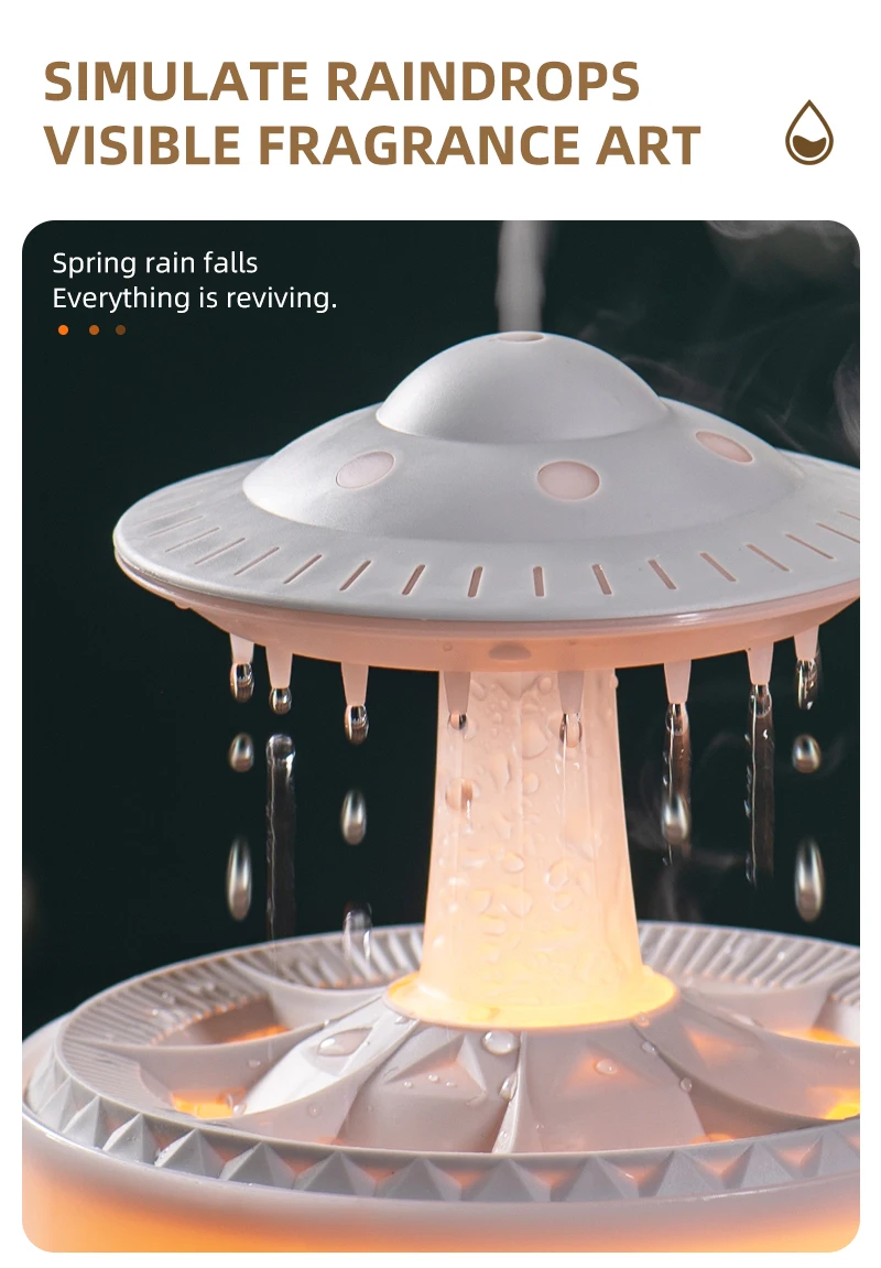 350 ml Aroma Luftbefeuchter Mini USB Fernbedienung Regentropfen Bunte Licht Aromatherapie Zimmer Regen Wolke Aroma Öl Diffusor – Detail 6