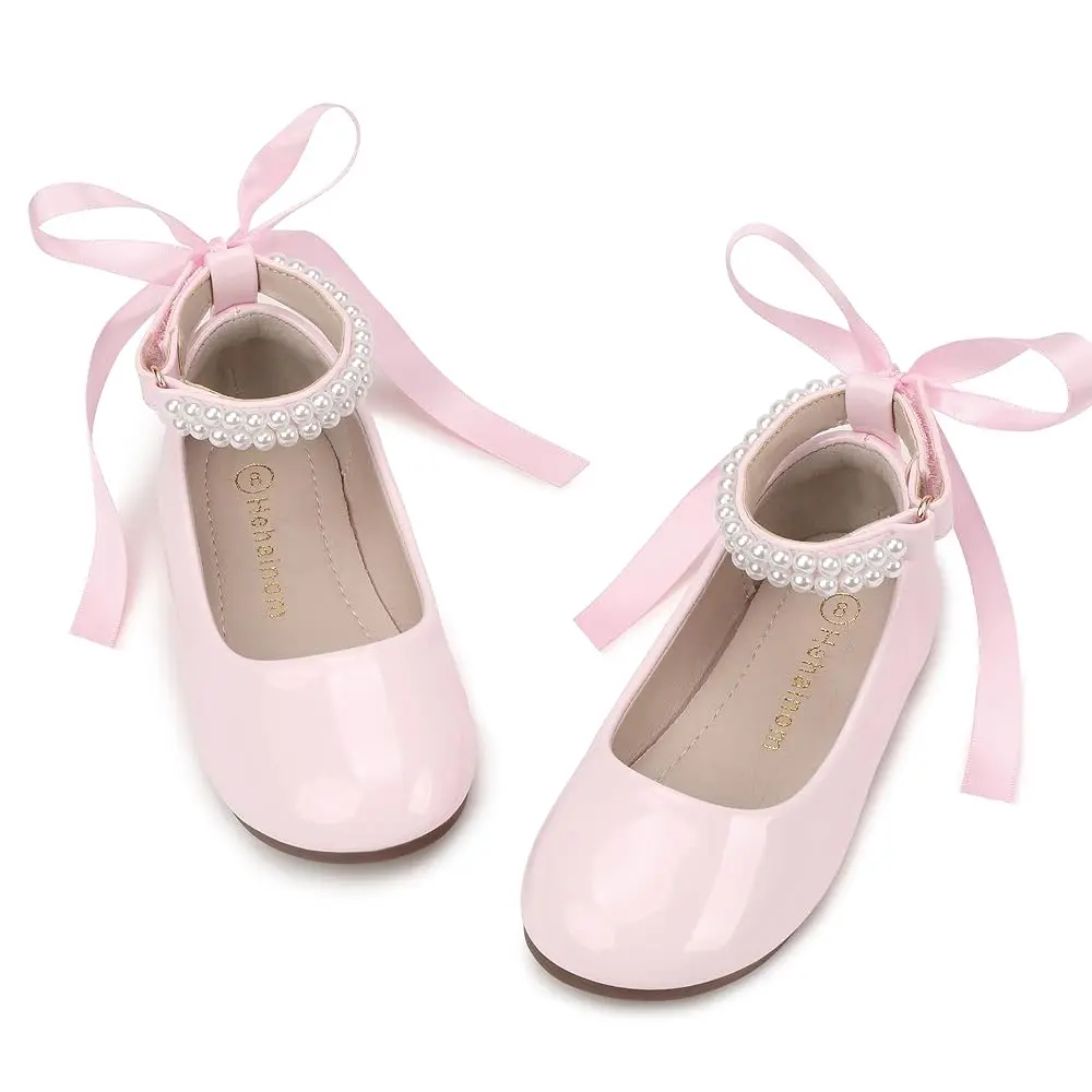 

Toddler Girls Dress Shoes Flower Girl Little Kids Mary Jane Ballet Flats Pearls Ankle Strap Bow Wedding Party Communion Shoes
