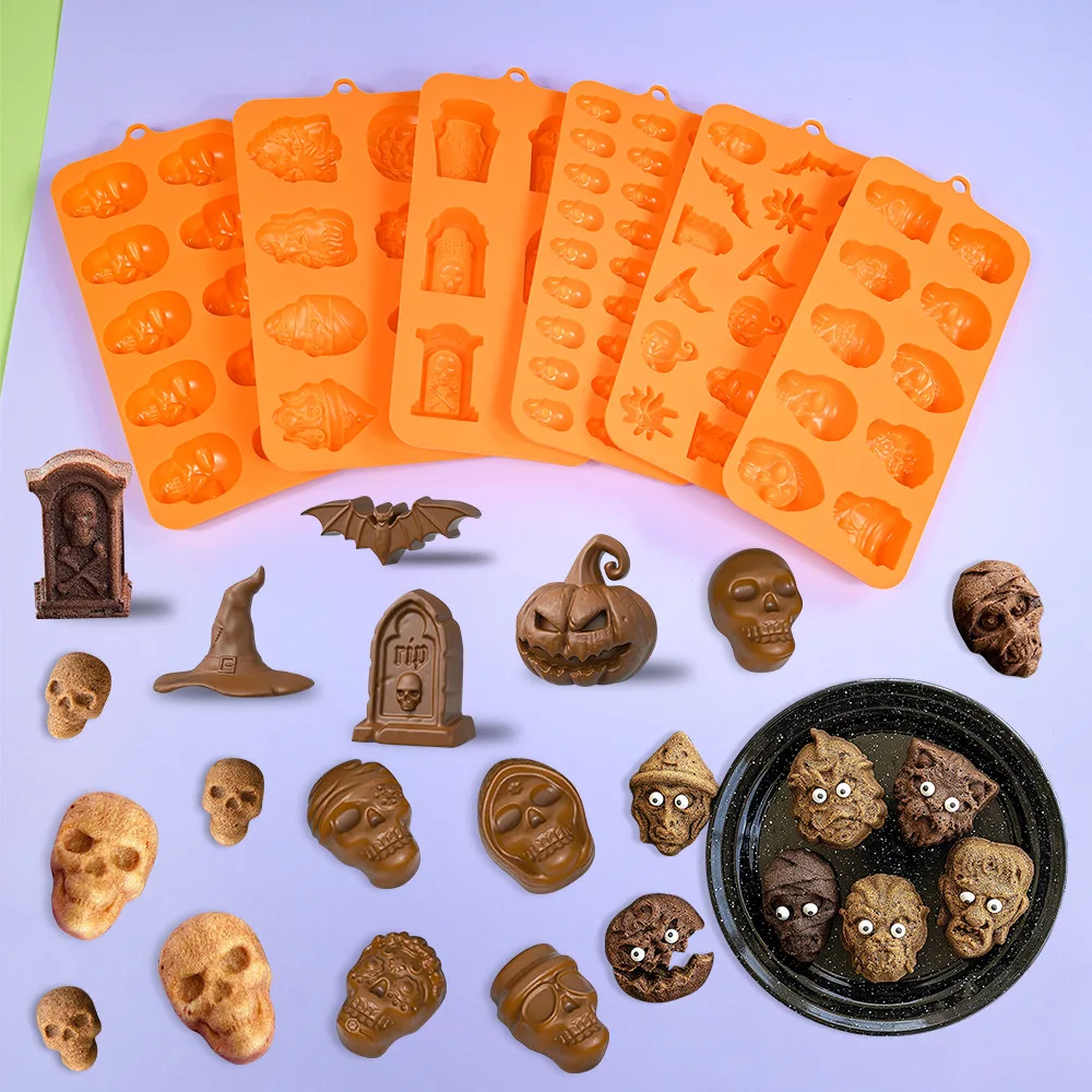 Halloween Molds Skull Pumpkin Chocolate Silicone Mold Witch Ghost Design Fudge Cake mould Dessert Decorating Baking Tools