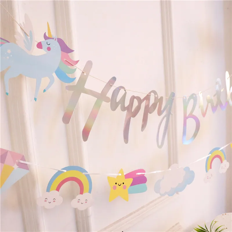 Happy Birthday Streamers unicorn Pull Flag Living Room Garden Mall Cafe Children Birthday Party Decoration Banners