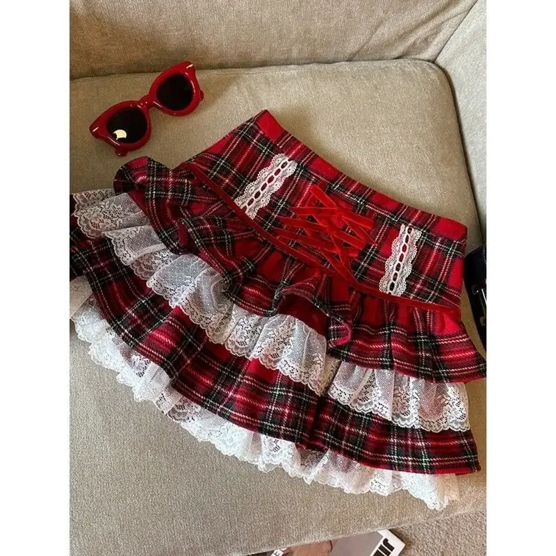 Deeptown Kawaii Ruffle Lace Plaid Skirts Women Sweet Elegant Mini Skirt Cutecore Autumn Winter Patchwork A-line Short Skirts