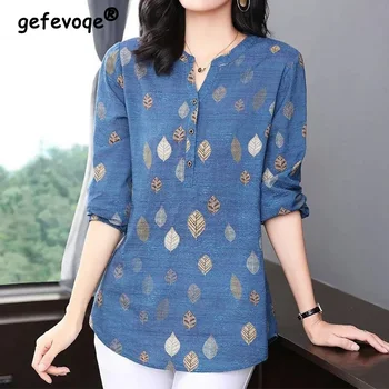 빈티지 프린트 3 버튼 롱 셔츠, V넥 긴팔, 루즈한 H 스타일 상의, 여성 의류, 캐주얼 패션, 여름 가을 2023