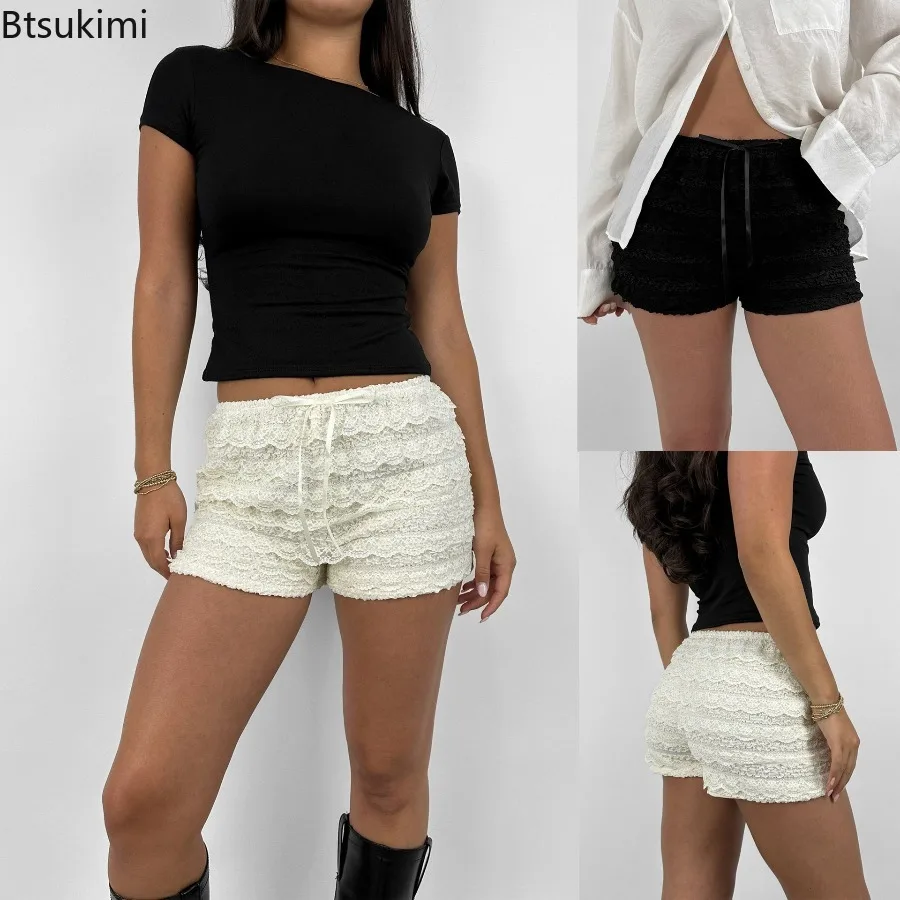 2026 Summer Women's Sweet Shorts Lolita Style Lace Bow Ruffle Layered Cake Shorts Fluffy Cute Casual Streetwear Fashion Bottoms