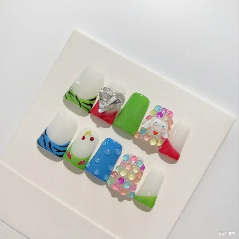 

10pcs Nude White Press on Nails Set Green French Duck Nail Tips with Diamond Decoration Cute Cinnamoroll Design Y2K False Nails