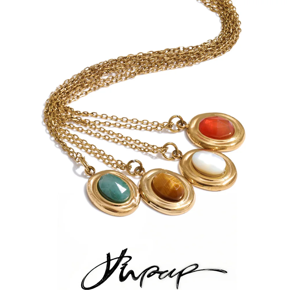 Yhpup Exquisite Halskette mit Anhänger aus natürlichem Achat-Tigerstein für Damen, Edelstahl, trendiger Charm-Schmuck