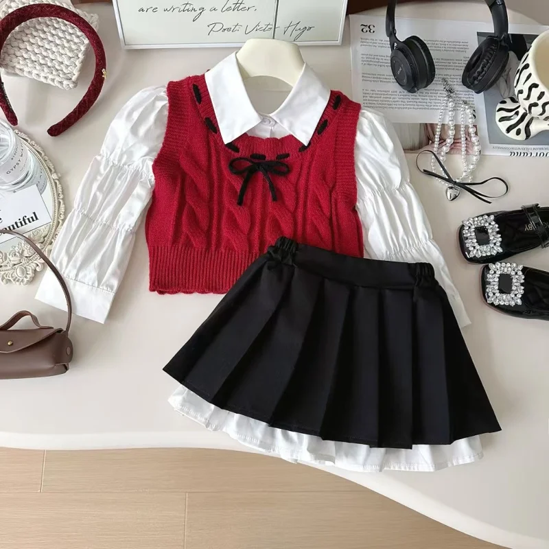 

Childrens Clothing Set 2025 Spring New Girls Fashion Vest Doll Collar Shirt Short Skirt Sweet and Cute Three Piece Set
