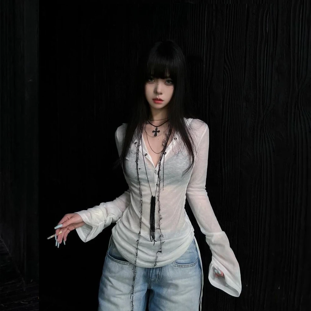 Hooded T Shirt Women Clothes Long Sleeve See Through Slim 2000S Clothes Y2K Tees Female Clothing Chic Spring Tops Korean 2025