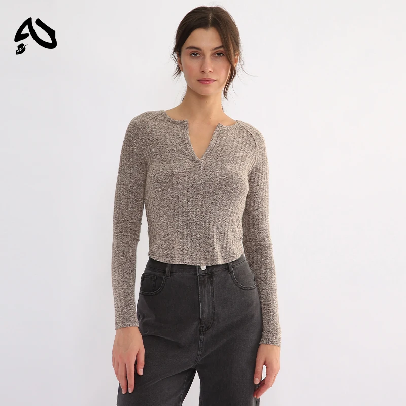 Original Autumn Winter Women's Short Pit Strip Top Solid Slimming V-neck Long Sleeve Elastic Single Wear Bottom Versatile Tops