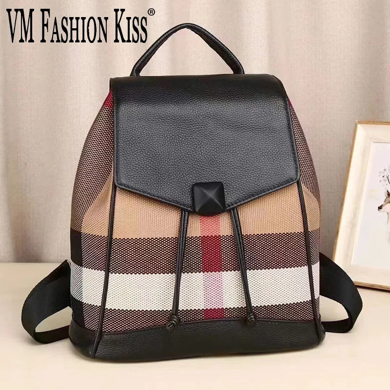 VM FASHION KISS 2023 Spring New Canvas + Genuine Leather Anti-theft Women Backpack Travel Backpack Girl Rucksack Backpack Ladies