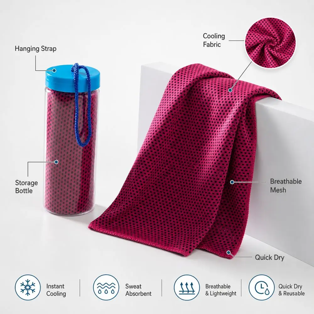 Durable Polyester Cooling Towel Cooling Fabric Quick Dry Ice Wipes Hanging Strap Breathable Mesh Sports Towel Storage Bottle