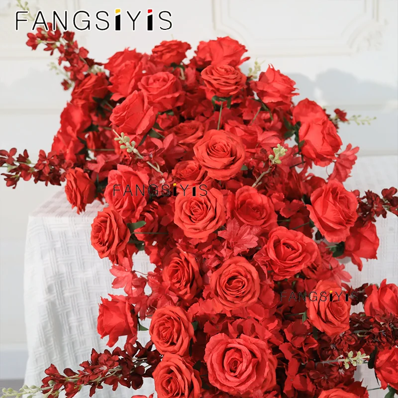 الاصطناعي الأحمر/الأبيض روز دلفينيوم زهرة صف عداء الزفاف خلفية ديكور الأزهار ترتيب الدعائم الطرف الجدول محور