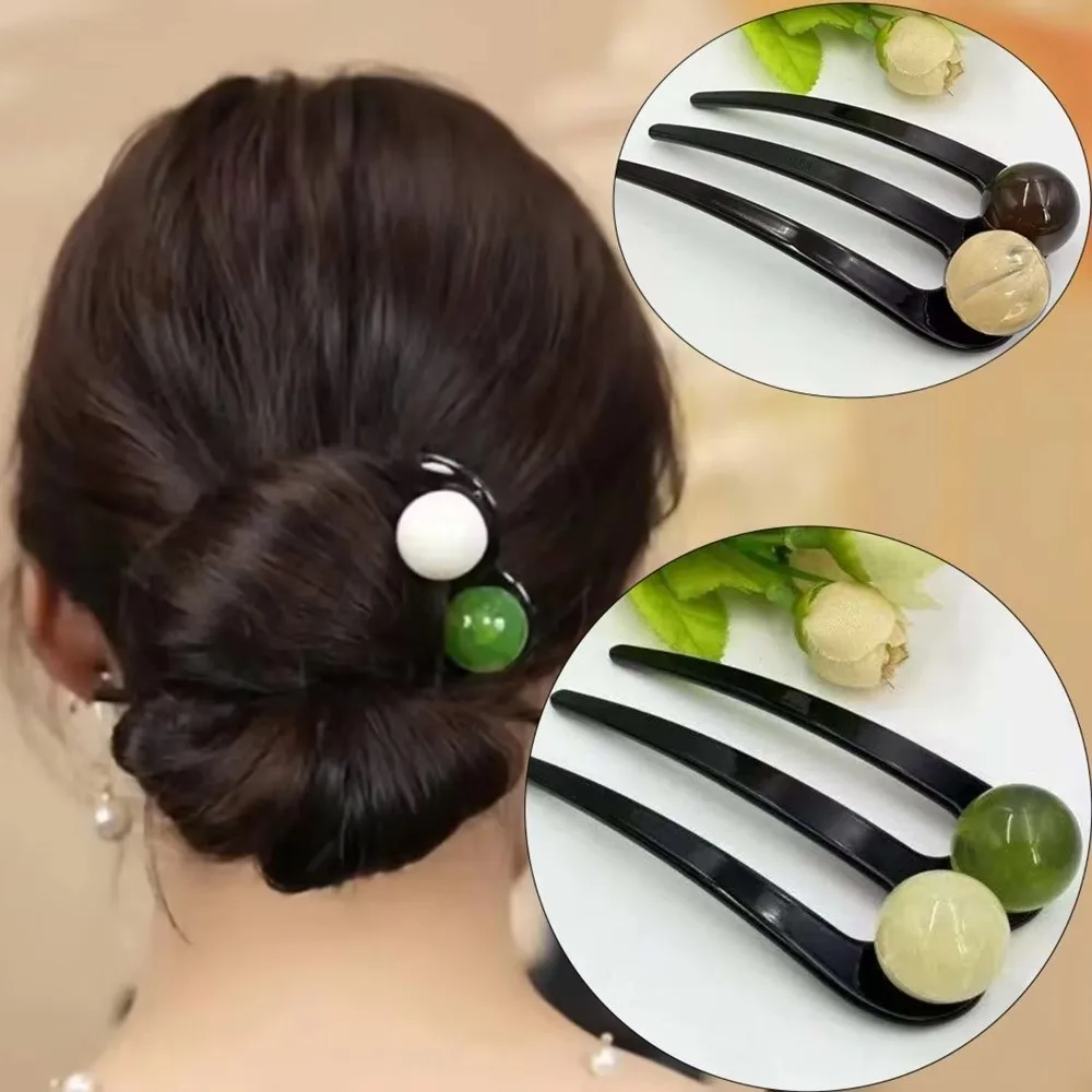 

Sturdy Plastic U-Shaped Hair Pin Three Tooth Beaded Hair Accessory Vintage Meatball Disc Hair Buns